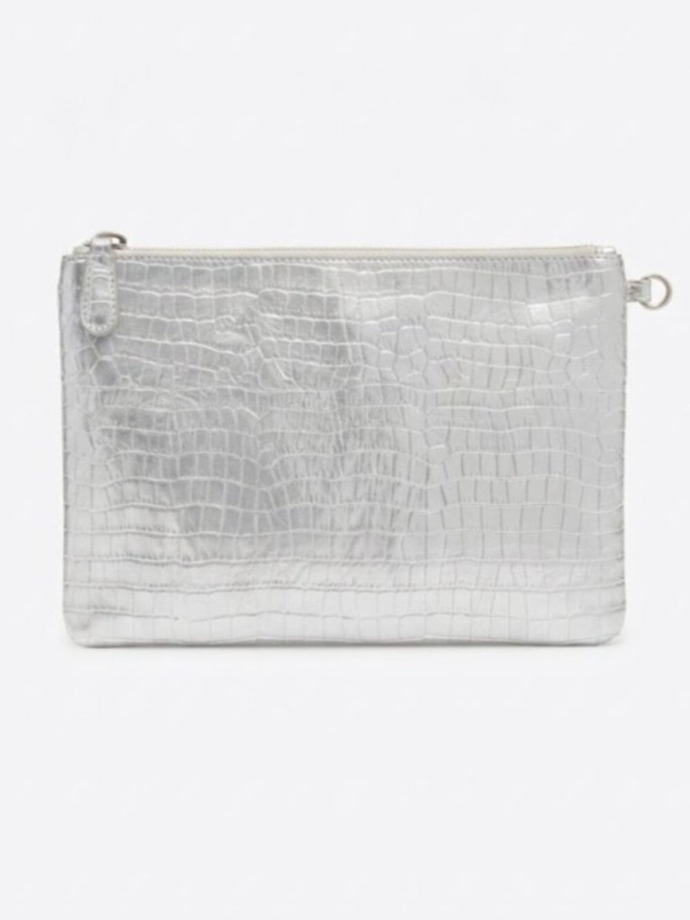 Metallic Silver Croc-Embossed Make-up Pouch with Clip Ring